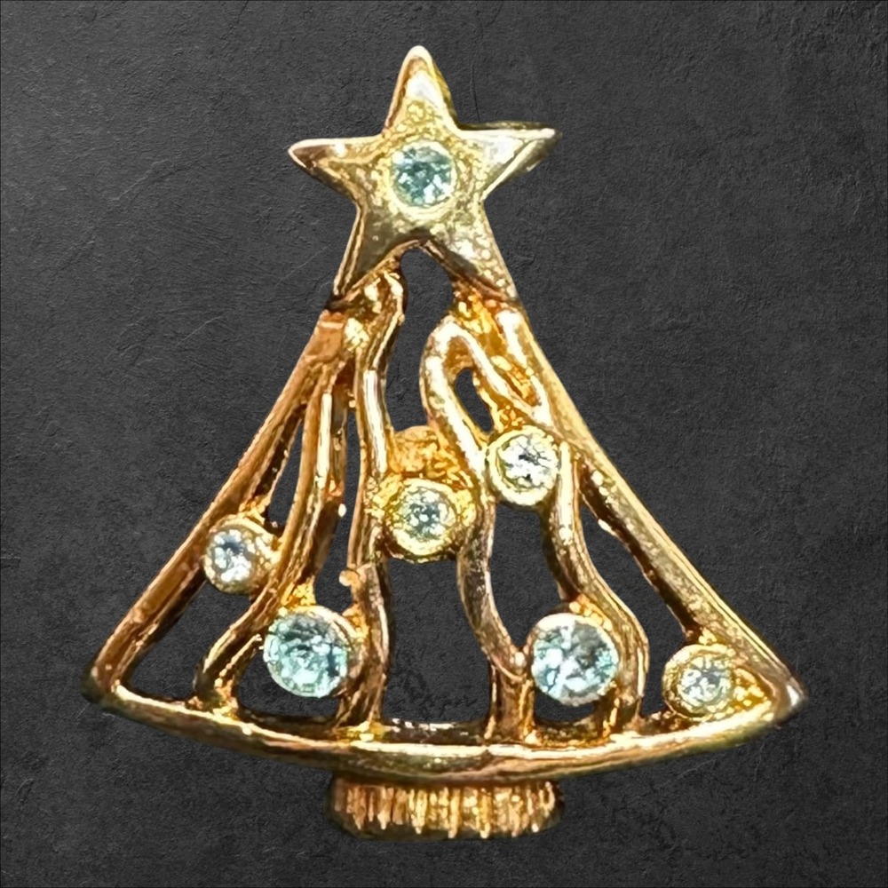 Christmas Tree Lapel Pin Gold Tone Blue Rhinestones Holiday Tie Tack